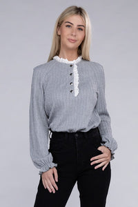 Nuvi Apparel Lace Ruffle Trim Neck Knit Blouse