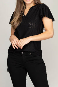 Nuvi Apparel Embroidered eyelet blouse with ruffle