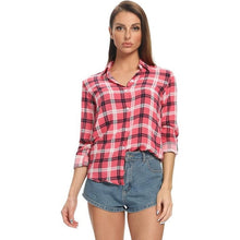 Load image into Gallery viewer, Lightweight Plaid Button Down Roll Up Sleeve Top, XS, 4B-144T009