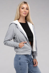 Ambiance Apparel Fuzzy Trim Zip-Up Crop Hoodie