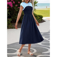 Load image into Gallery viewer, Smocked Cap Sleeve Crew Neck A Line Flowy Dress, BLUE, SMALL, 8I-146D001