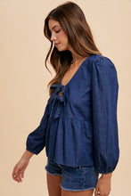 Load image into Gallery viewer, Annie Wear Tie Front Peplum Long Sleeve Denim Top