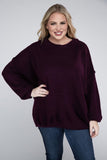 ZENANA Plus Oversized Round Neck Raw Seam Melange Sweater