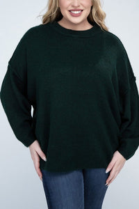 ZENANA Plus Oversized Round Neck Raw Seam Melange Sweater