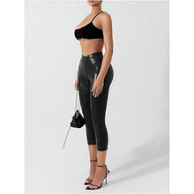 Load image into Gallery viewer, Faux Leather Capri Pants Crossover Elastic Waist Skinny Leggings, 1LL-164B001