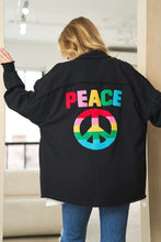 Load image into Gallery viewer, Davi &amp; Dani MULTI COLOR LETTERING PEACE SYMBOL BUTTON UP SHIRT