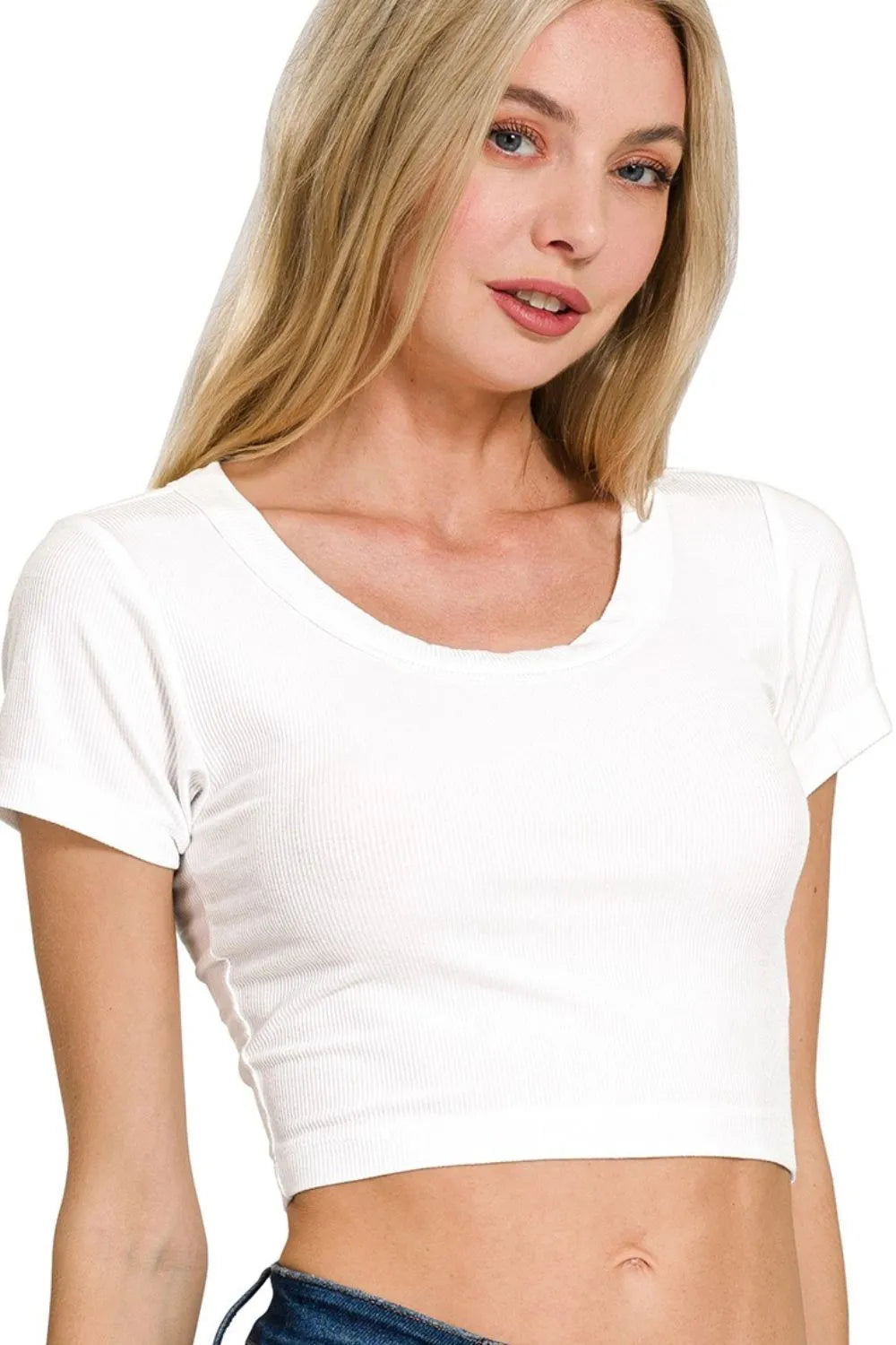 Ribbed Scoop Neck Crop Short Sleeve Top front