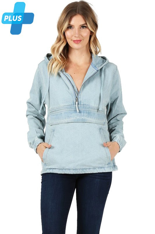 Blue Age PLUS SIZE DENIM HOODIE HALF ZIPPER CLOSER