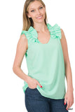 ZENANA WOVEN WOOL DOBBY RUFFLE TRIM SLEEVELESS TOP