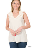 ZENANA WOVEN WOOL DOBBY RUFFLE TRIM SLEEVELESS TOP