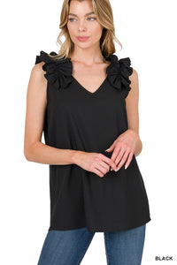 ZENANA WOVEN WOOL DOBBY RUFFLE TRIM SLEEVELESS TOP