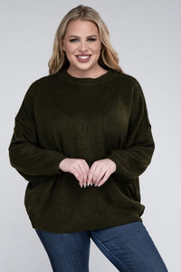 ZENANA Plus Oversized Round Neck Raw Seam Melange Sweater