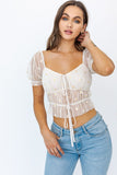 LE LIS SHORT SLEEVE RUCHED EMBROIDERY CROP TOP