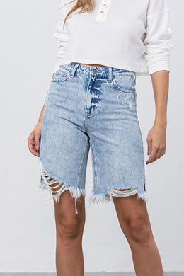 Denim Lab USA High Rise Frayed Hem Bermuda Denim Shorts