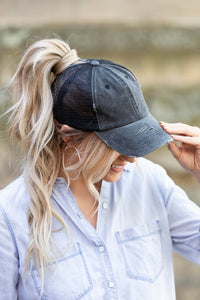 Aili's Corner Distressed Messy Bun Hat Cap