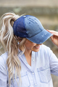 Aili's Corner Distressed Messy Bun Hat Cap