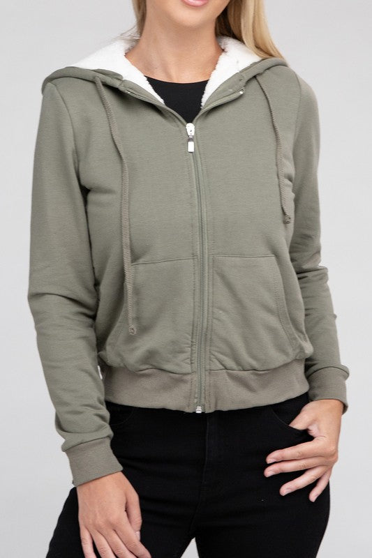 Ambiance Apparel Fuzzy Trim Zip-Up Crop Hoodie