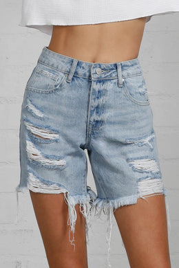 Denim Lab USA HIGH RISE MIDI DESTROYED SHORTS