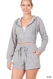 ZENANA LOOP TERRY ZIP UP CROPPED HOODIE & SHORTS SET