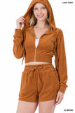 ZENANA LOOP TERRY ZIP UP CROPPED HOODIE & SHORTS SET