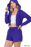 ZENANA LOOP TERRY ZIP UP CROPPED HOODIE & SHORTS SET