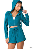 ZENANA LOOP TERRY ZIP UP CROPPED HOODIE & SHORTS SET