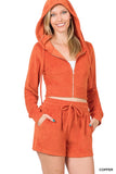 ZENANA LOOP TERRY ZIP UP CROPPED HOODIE & SHORTS SET