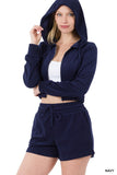 ZENANA LOOP TERRY ZIP UP CROPPED HOODIE & SHORTS SET