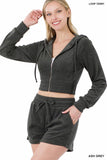 ZENANA LOOP TERRY ZIP UP CROPPED HOODIE & SHORTS SET