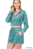 ZENANA LOOP TERRY ZIP UP CROPPED HOODIE & SHORTS SET