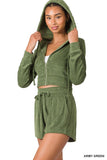 ZENANA LOOP TERRY ZIP UP CROPPED HOODIE & SHORTS SET