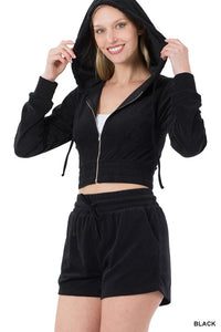 ZENANA LOOP TERRY ZIP UP CROPPED HOODIE & SHORTS SET