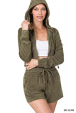 ZENANA LOOP TERRY ZIP UP CROPPED HOODIE & SHORTS SET