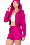 ZENANA LOOP TERRY ZIP UP CROPPED HOODIE & SHORTS SET