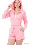 ZENANA LOOP TERRY ZIP UP CROPPED HOODIE & SHORTS SET