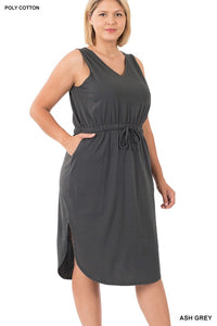 ZENANA PLUS POLY COTTON DRAWSTRING WAIST CURVED HEM DRESS