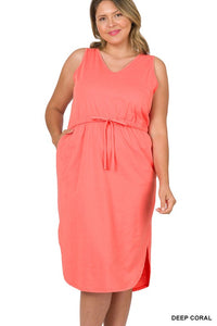 ZENANA PLUS POLY COTTON DRAWSTRING WAIST CURVED HEM DRESS