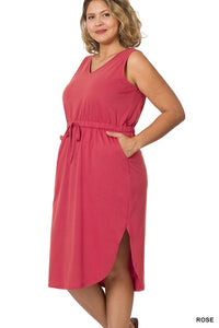 ZENANA PLUS POLY COTTON DRAWSTRING WAIST CURVED HEM DRESS