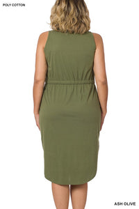 ZENANA PLUS POLY COTTON DRAWSTRING WAIST CURVED HEM DRESS