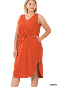 ZENANA PLUS POLY COTTON DRAWSTRING WAIST CURVED HEM DRESS