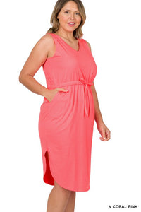 ZENANA PLUS POLY COTTON DRAWSTRING WAIST CURVED HEM DRESS