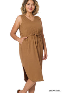 ZENANA PLUS POLY COTTON DRAWSTRING WAIST CURVED HEM DRESS