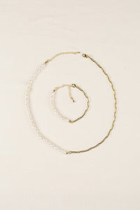 Lilou Natural pearl chain bracelet, necklace set - gold