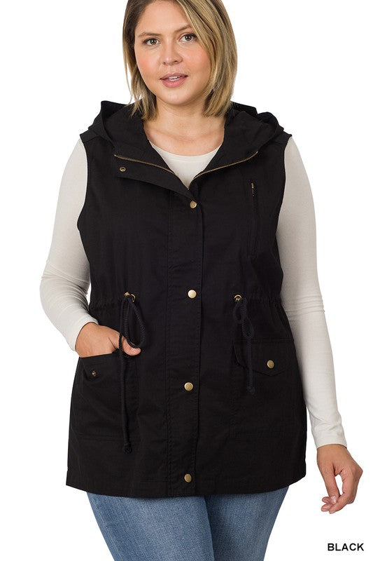 ZENANA PLUS Drawstring Waist Military Hoodie Vest