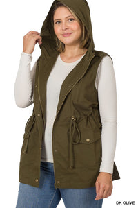 ZENANA PLUS Drawstring Waist Military Hoodie Vest