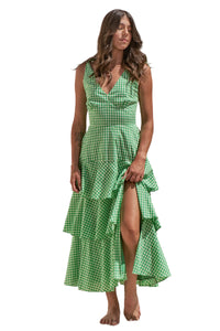 Sleeveless Gingham Print Tiered Midi Dress Front