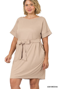 ZENANA PLUS BRUSHED DTY TIE-BELT DRESS