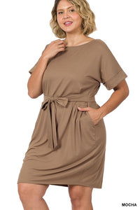 ZENANA PLUS BRUSHED DTY TIE-BELT DRESS