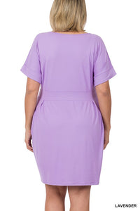 ZENANA PLUS BRUSHED DTY TIE-BELT DRESS