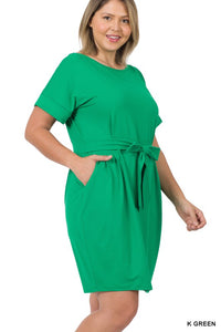 ZENANA PLUS BRUSHED DTY TIE-BELT DRESS